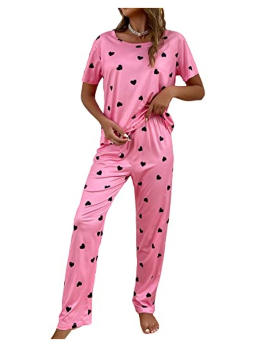 WDIRARA Women's 2 Piece Pajama Set Heart Print Short Sleeve Tee and Pants